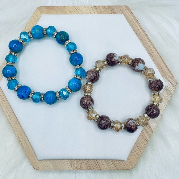 Champagne Brown Glass Bracelet and Blue earth Glass Beaded Bracelet Set - Picture 1 of 6